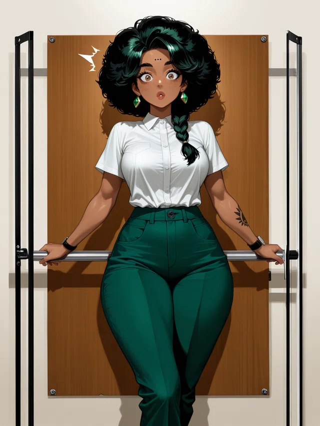 Anime portrait of a woman with jet black hair and a surprised look with her lips slightly parted