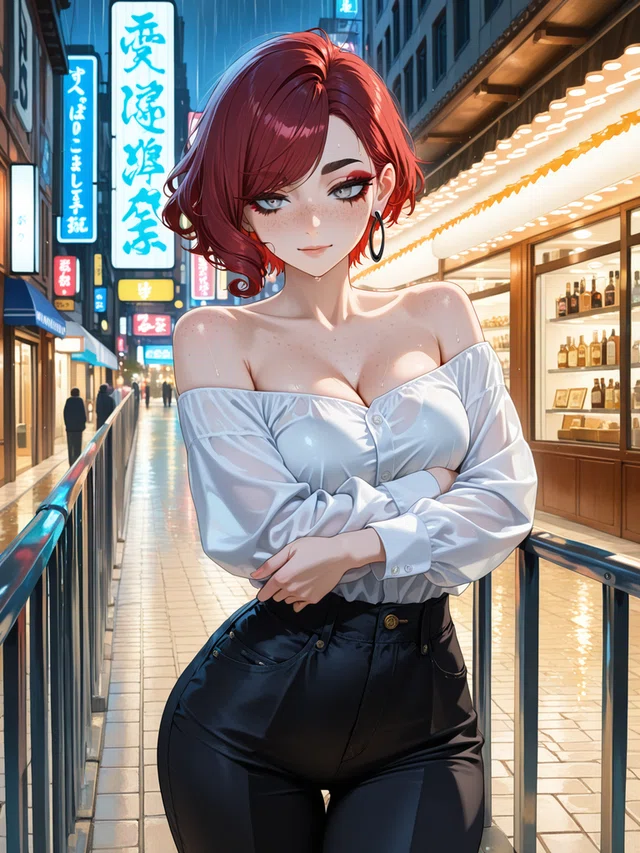 Red-haired anime woman in off-shoulder blouse leaning on railing in neon-lit street
