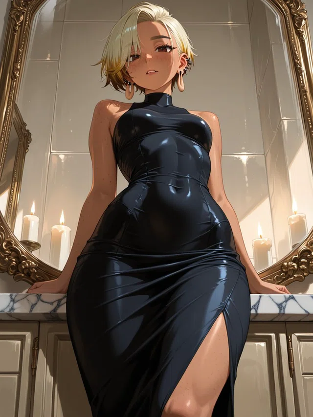 Anime figure with short blonde hair and a glossy black dress leaning against a marble counter before a gold-framed mirror and candles.