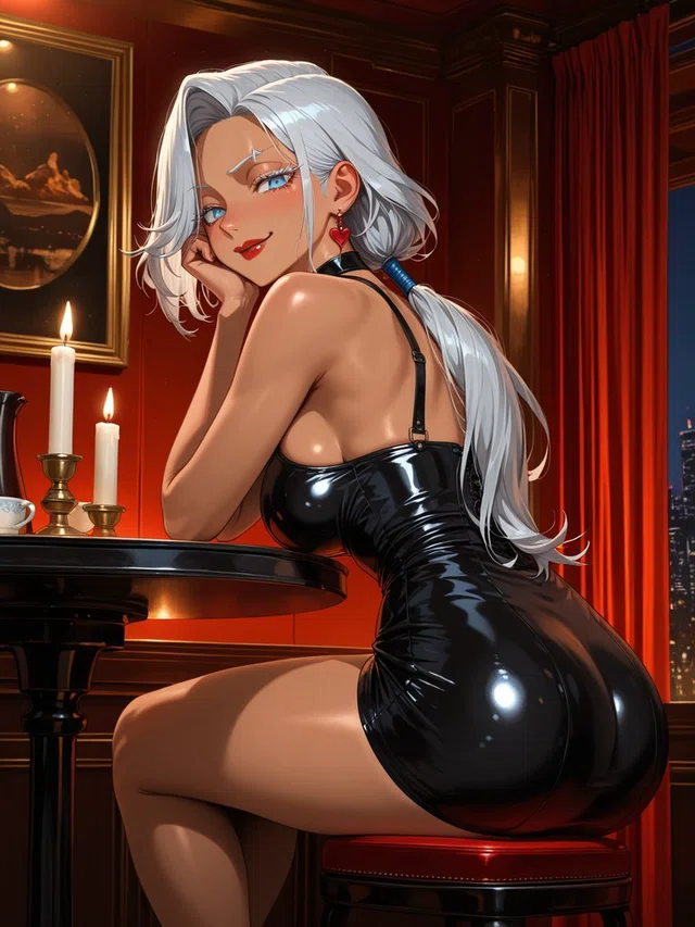Silver-haired anime character in a glossy black dress, seated beside candles and looking back with a smile in a red-paneled room.