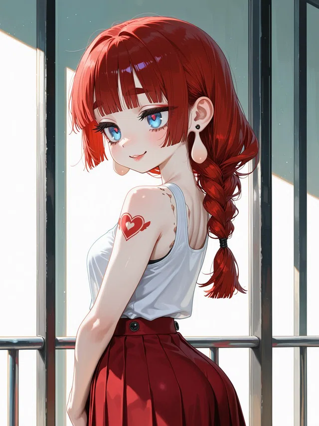 Anime portrait of a smiling red-haired character with a long braid, blue eyes, a white sleeveless top, and a red skirt beside sunlit windows.