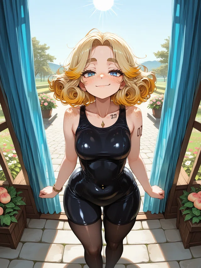 Anime-style blonde with curly hair in black bodysuit, standing in doorway with blue curtains and garden view.
