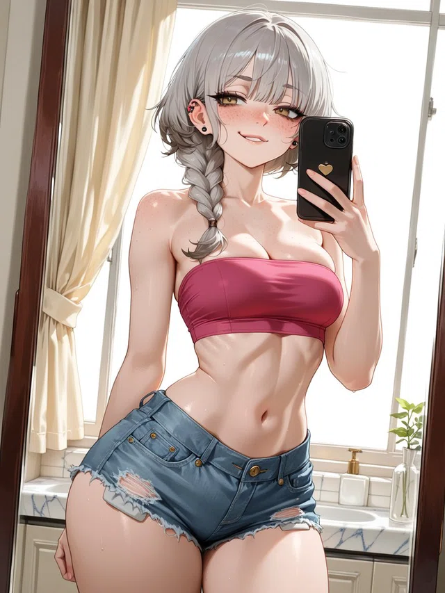 Anime character with silver braided hair smiles into a phone for a mirror selfie, wearing a pink bandeau and distressed denim shorts.