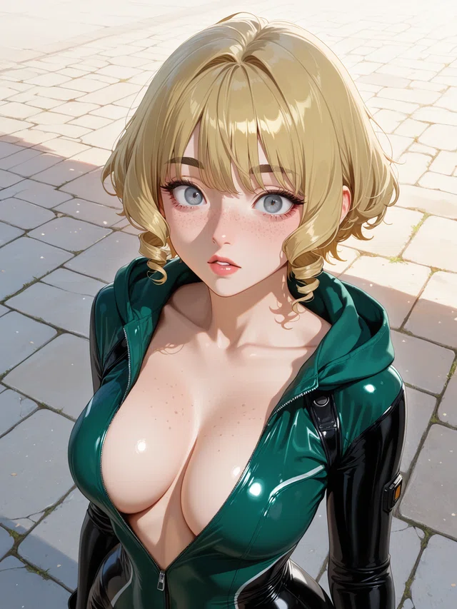 Blonde anime character in shiny green and black suit on stone pavement