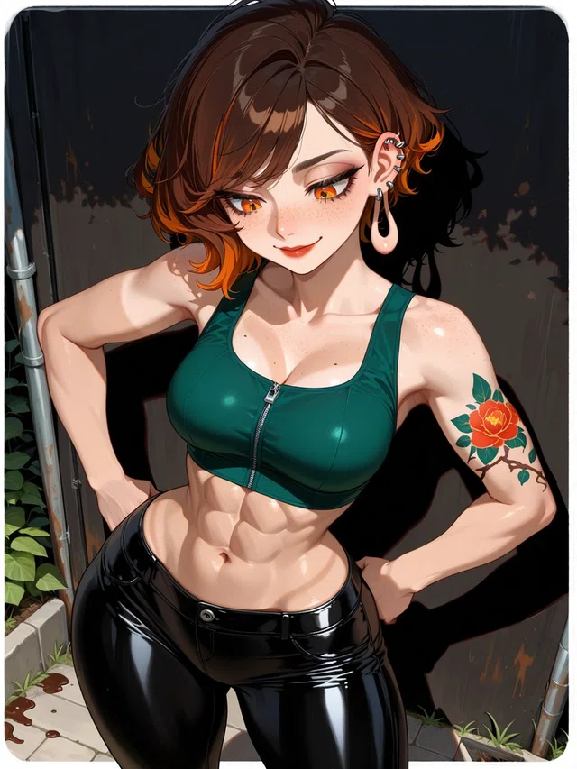 Smiling anime character with short brown-and-orange hair, a teal zip-front crop top, black pants, and a rose tattoo, posing hands on hips.