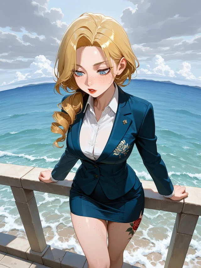 Blonde anime character in a navy suit leans against a stone seaside railing beneath a cloudy sky.