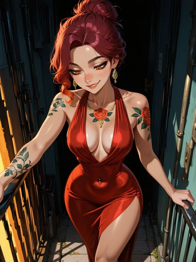 Smiling anime figure with red hair in a high bun, wearing a red halter dress and gold jewelry, with floral tattoos on both arms.