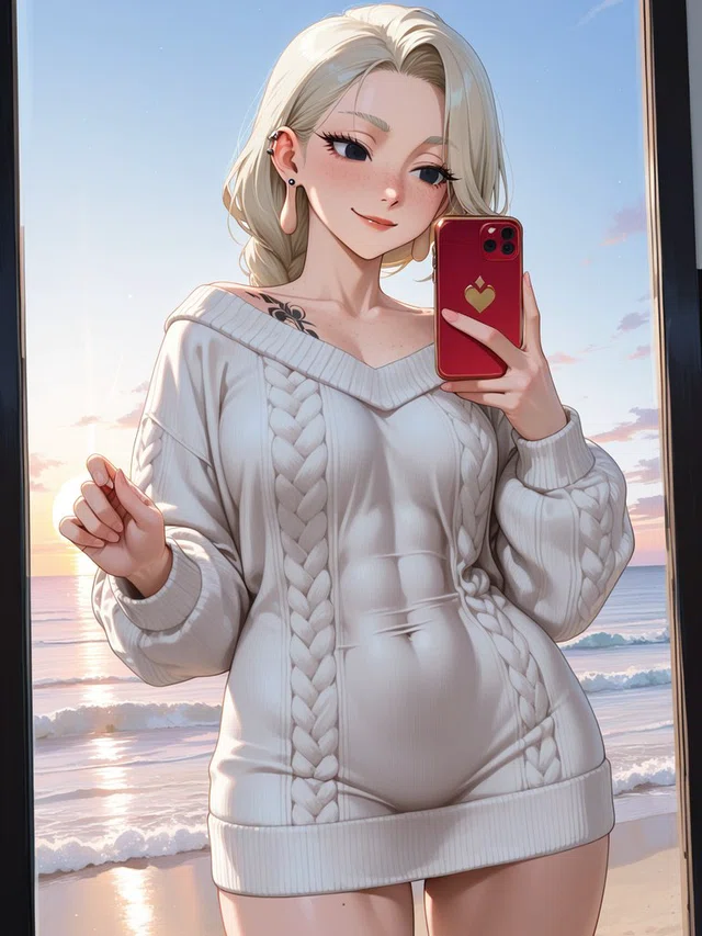 Anime-style portrait of a smiling blonde figure holding a red phone, wearing a cream cable-knit sweater with ocean waves behind them.