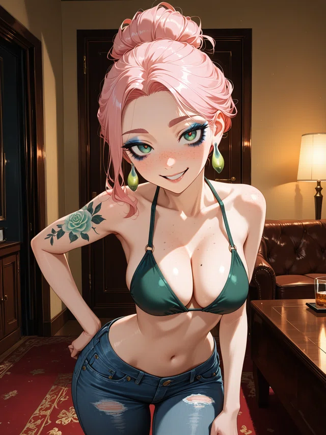 Pink-haired anime woman in green top and jeans, smiling with rose tattoo on shoulder.
