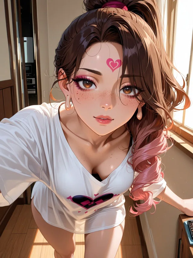 Anime portrait of a brown-and-pink-haired character with freckles, a pink heart on the forehead, and a white heart-print shirt beside a sunlit window.