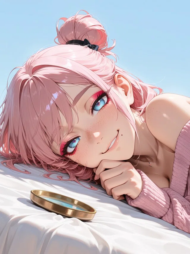 Smiling anime character with pink hair in a bun and blue eyes, resting on white bedding beside a gold-rimmed mirror.