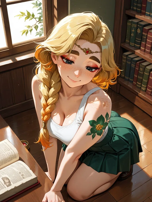Smiling blonde anime character with a side braid, white top, and green skirt beside an open book in a sunlit wooden library.