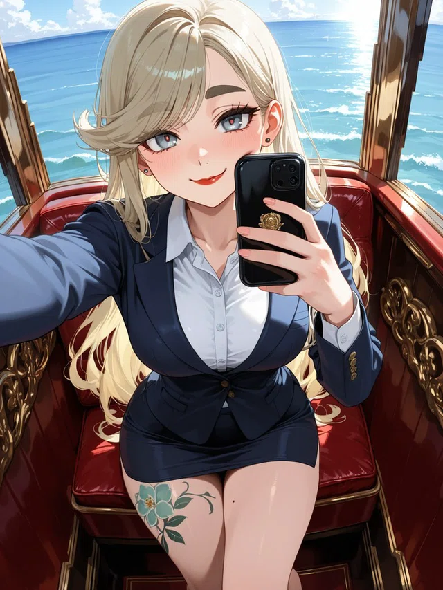 Smiling blonde anime character holding a black phone, seated on a red upholstered boat seat with the ocean behind her.