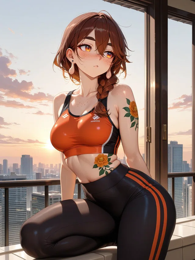 Brown-haired anime character in orange and black sportswear sits by a window overlooking a city at sunset, with floral tattoos and a side braid.
