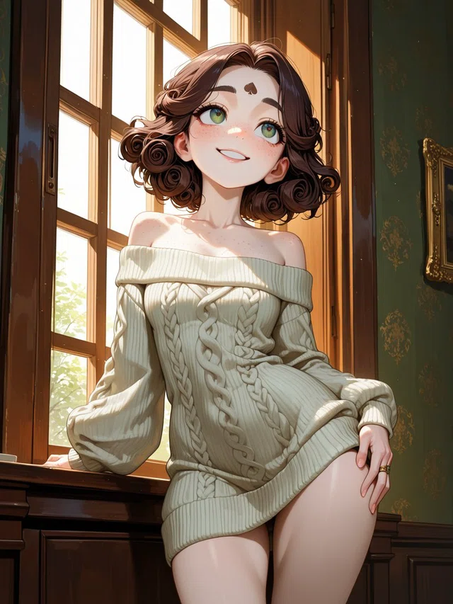 Smiling anime character with short brown curls and green eyes, wearing an ivory cable-knit sweater beside a sunlit wooden window.