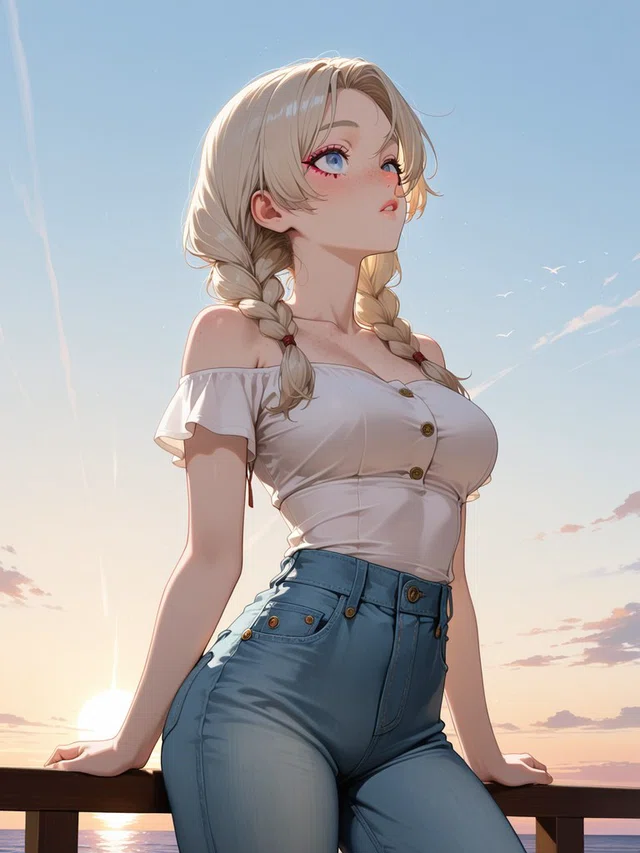 Anime character with blonde braids and blue eyes leaning against a wooden railing above the sea at sunset.
