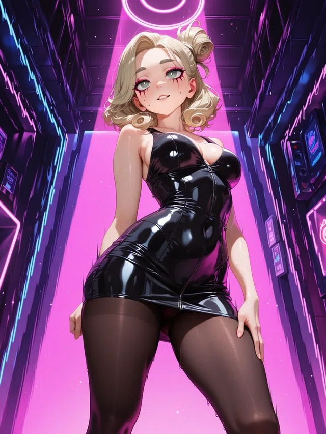 Anime figure with curled blonde hair in a glossy black dress and dark tights, standing in a pink and blue neon corridor.
