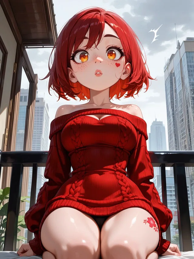 Anime portrait of a seated red-haired character with amber eyes and a surprised expression, wearing a red sweater against a city skyline.