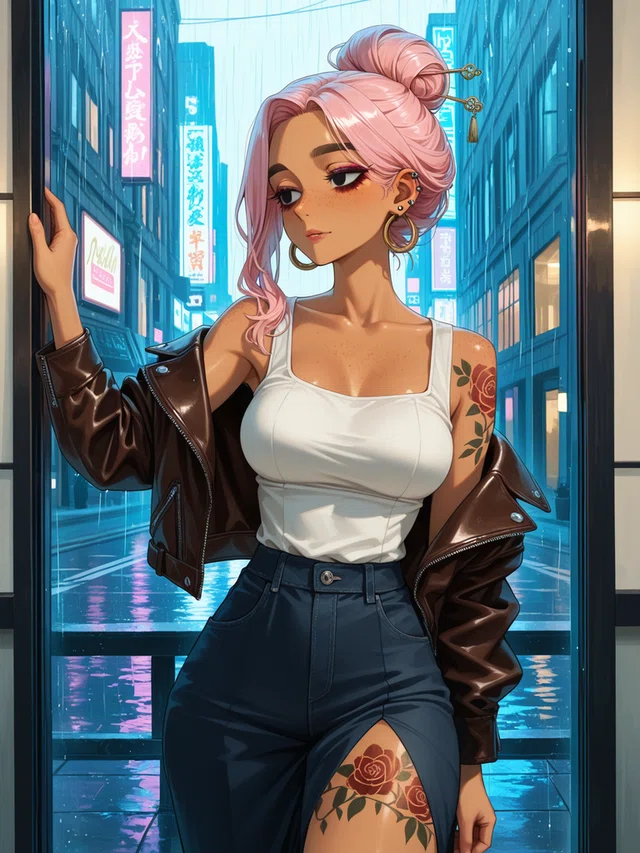 Anime portrait of a pink-haired figure in a white top and brown jacket, with rose tattoos, standing before a rainy neon-lit street.