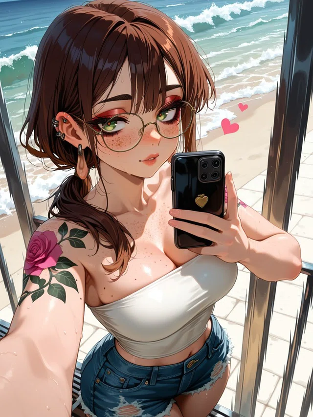 Anime-style portrait of a brown-haired character with glasses holding a phone beside the beach, wearing a white top and denim shorts.