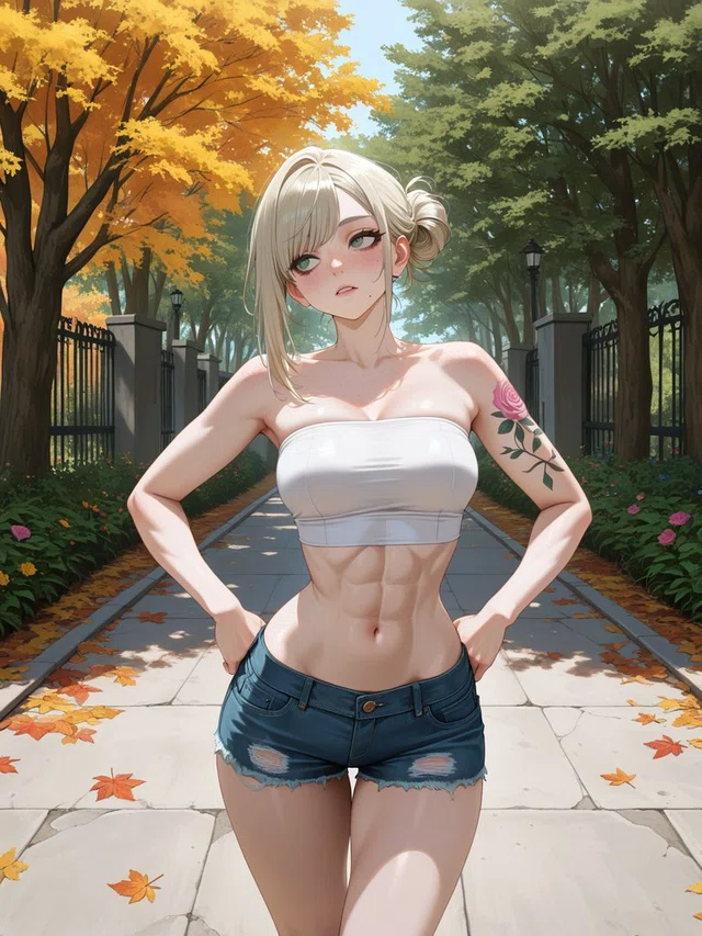 Anime-style figure with pale blonde hair, a white bandeau top, denim shorts, and a rose tattoo standing on a tree-lined path.