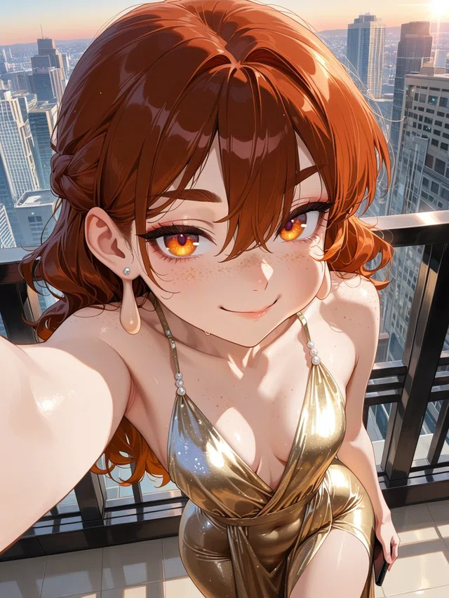 Smiling anime character with reddish-brown hair, amber eyes, and freckles, wearing a gold halter dress on a balcony above a city.