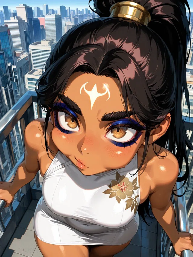 Anime character with a high black ponytail and amber eyes looks upward, holding balcony rails above a city skyline.