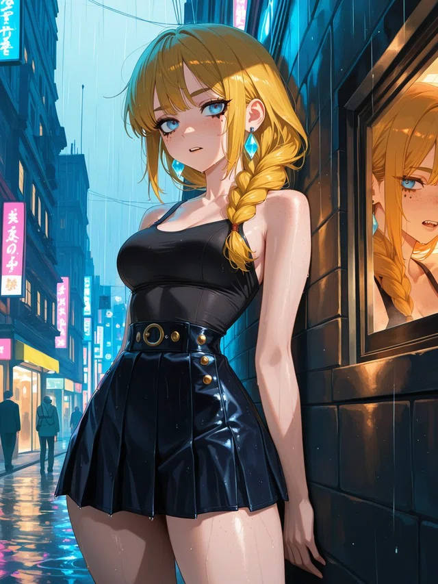 Anime portrait of a blonde, blue-eyed figure with a side braid and black outfit beside a window on a rainy neon-lit street.