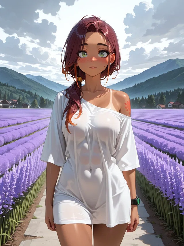 Anime character with burgundy hair and green eyes wearing a white off-shoulder dress among lavender rows, with mountains behind.