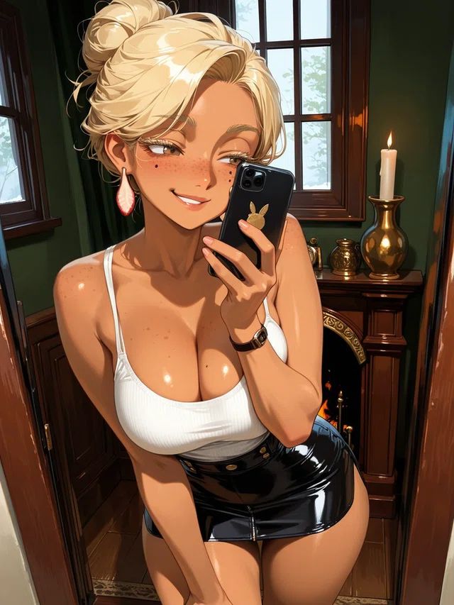 Smiling blonde anime character holding a black phone, wearing a white top and glossy black skirt beside a candlelit fireplace.