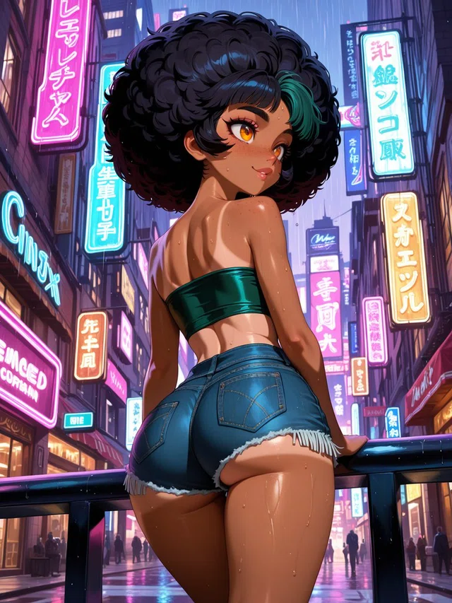 Anime character with voluminous black and teal curls looks back with a smile, leaning on a railing above a rainy neon-lit street.