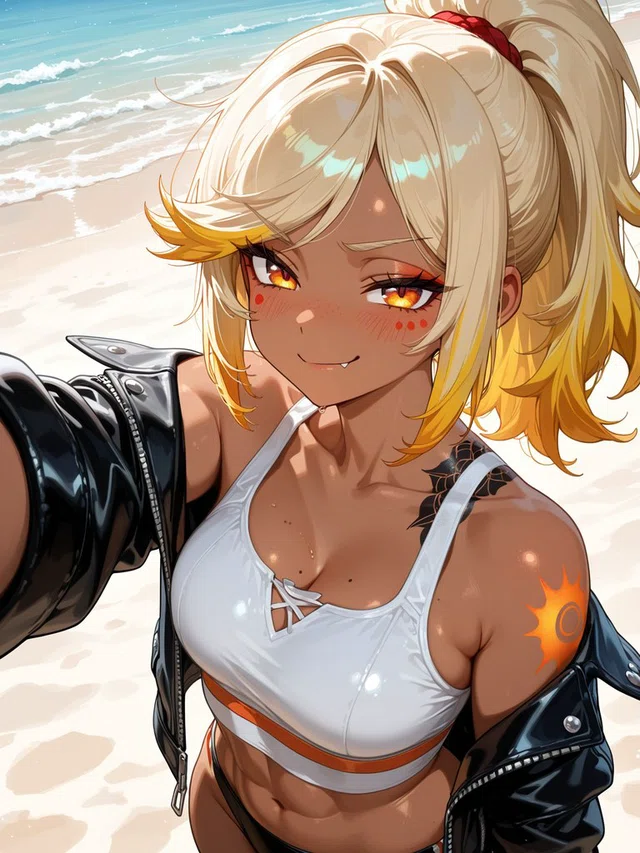 Anime portrait of a smiling blonde character with amber eyes, a white crop top, and a black jacket on a sunny beach.