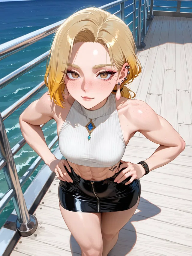 Blonde anime character with freckles stands hands on hips on a sunlit deck beside blue water, wearing a white crop top and black skirt.