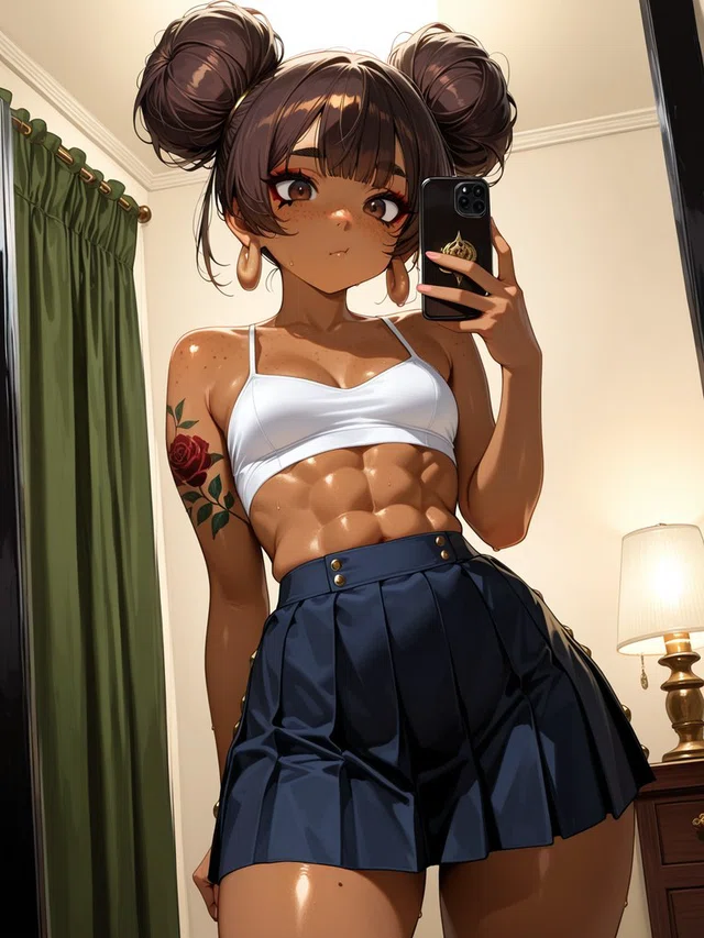 Anime character with brown double buns taking a mirror selfie in a white crop top and navy pleated skirt, with a rose tattoo on one arm.
