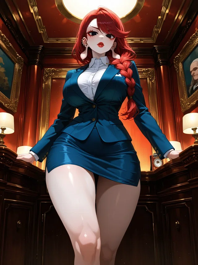 Anime figure with a long red braid and teal skirt suit, leaning against dark wooden furniture in an ornate, warmly lit room.