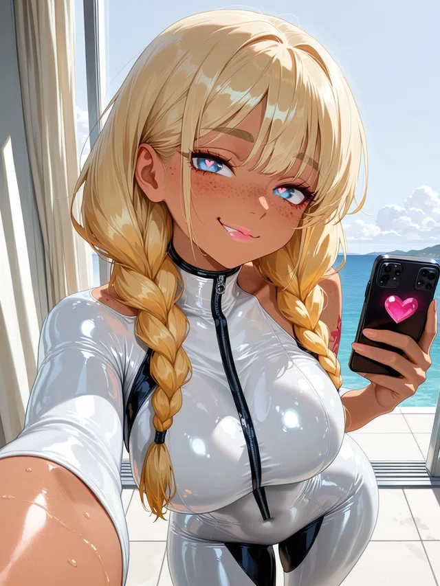 Smiling anime character with blonde braids and blue eyes holding a heart-decorated phone beside a sunlit ocean view.