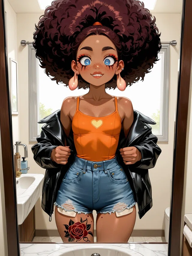 Smiling anime character with voluminous brown curls, blue eyes, an orange top, black jacket, and denim shorts in a bathroom mirror.