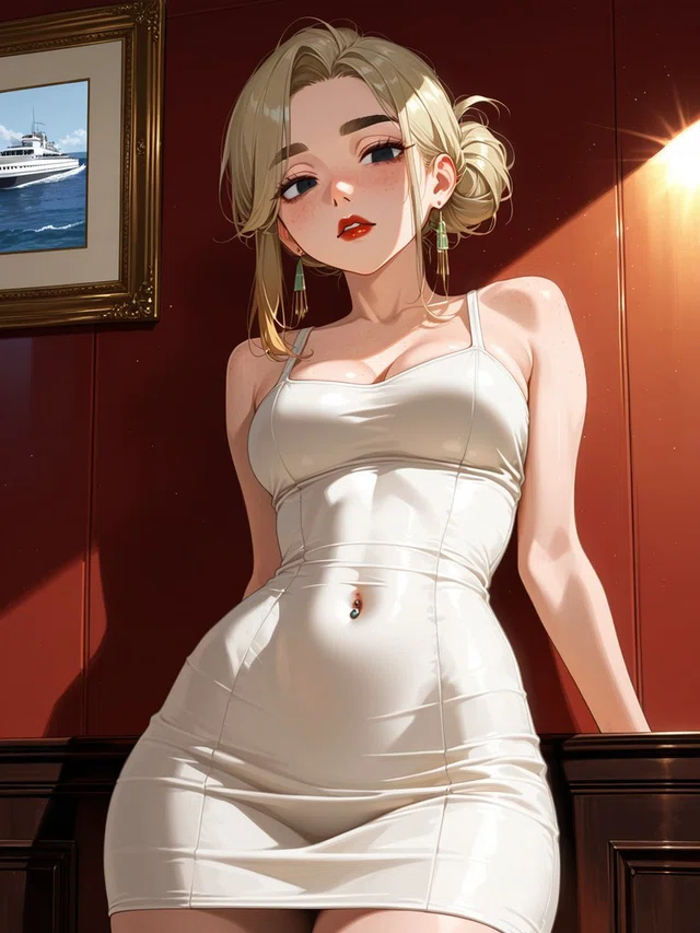 Anime portrait of a blonde figure in a fitted white dress, leaning against dark wood paneling in warm sunlight.