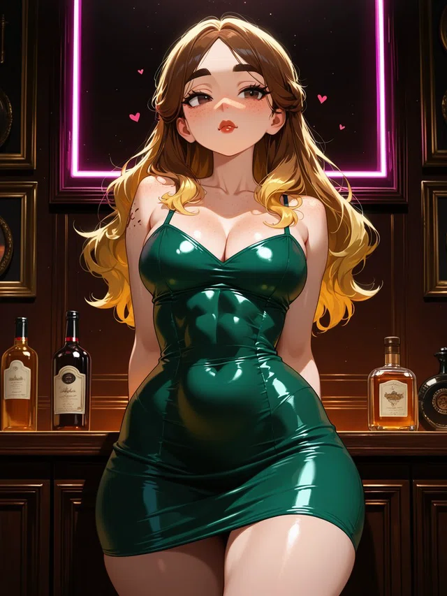 Anime portrait of a woman with long brown-to-golden hair wearing a glossy green dress in front of a dark bar and pink neon frame.