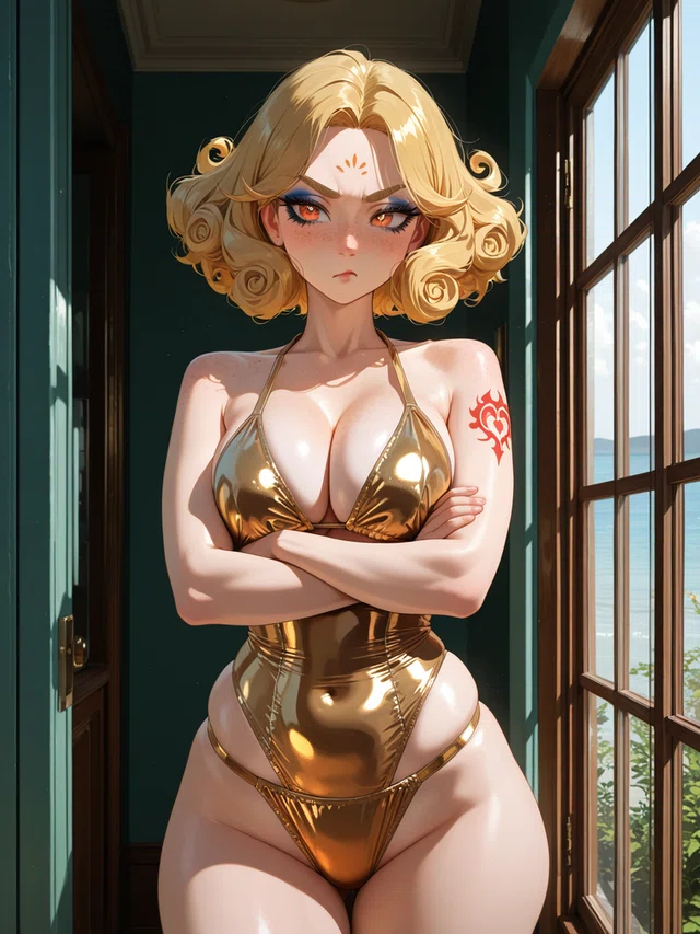 Anime-style woman with curly blonde hair in a gold swimsuit, arms crossed near a window.