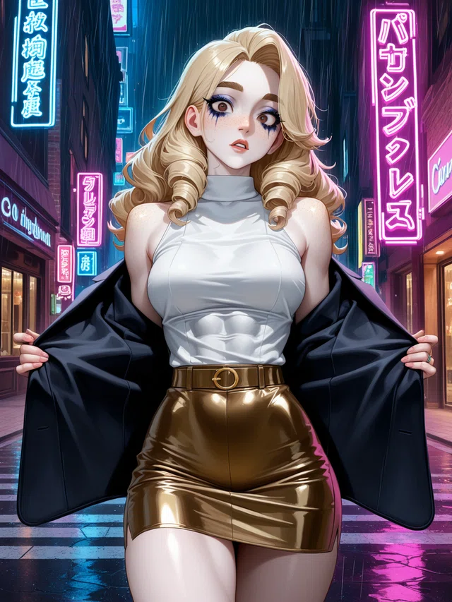 Anime portrait of a woman with ash blonde hair and a surprised look with her lips slightly parted