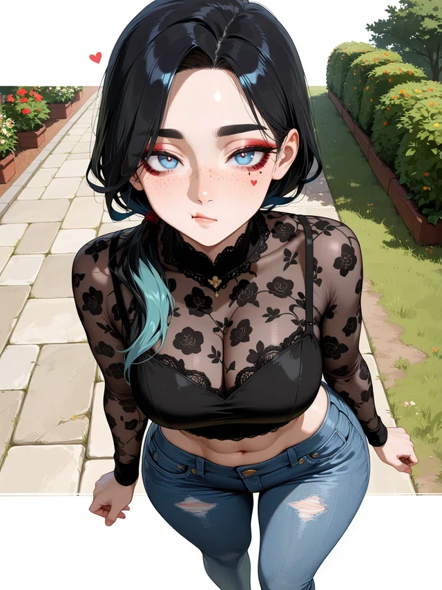 Anime-style character with black hair and blue eyes, wearing sheer floral top and ripped jeans on a garden path.