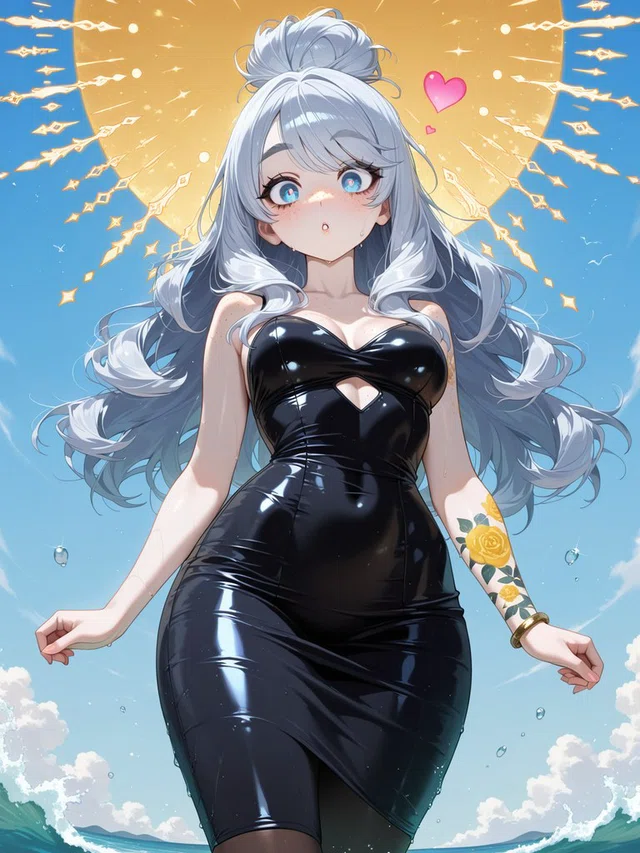 Anime portrait of a silver-haired character with wide cyan eyes in a glossy black dress, beneath a golden sun and pink hearts.