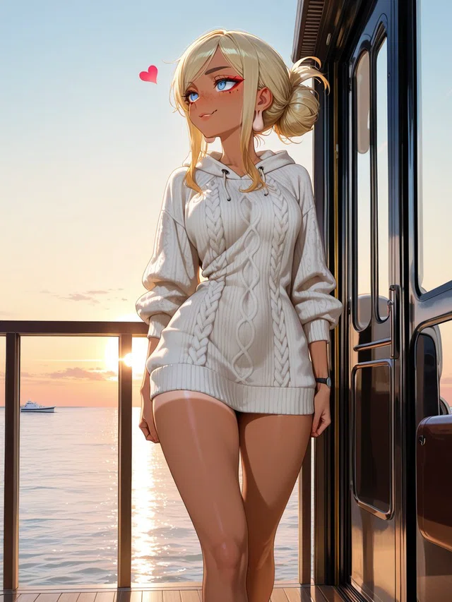 Smiling blonde anime character in a cream cable-knit hoodie beside a glass door, with sunset light over the sea.