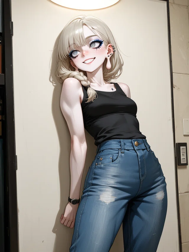 Smiling anime character with pale blonde hair and a side braid, wearing a black tank top and blue jeans against a cream door.