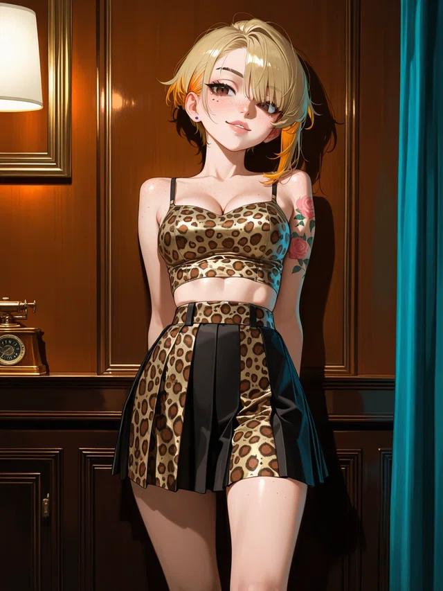 Anime character with short blonde hair, a leopard-print crop top and pleated skirt, and rose tattoos against dark wooden paneling.