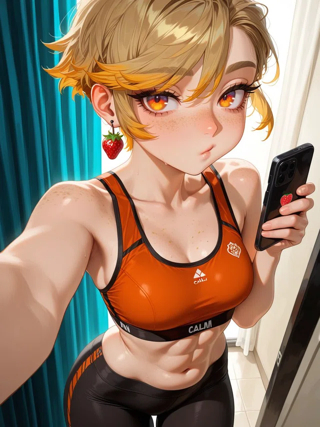 Anime portrait of a freckled, short-haired blonde character in orange and black sportswear, holding a black phone beside teal curtains.