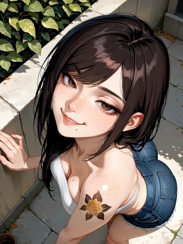 Anime-style portrait viewed from above of a smiling, dark-haired figure with freckles and a rose tattoo beside a leafy stone wall.