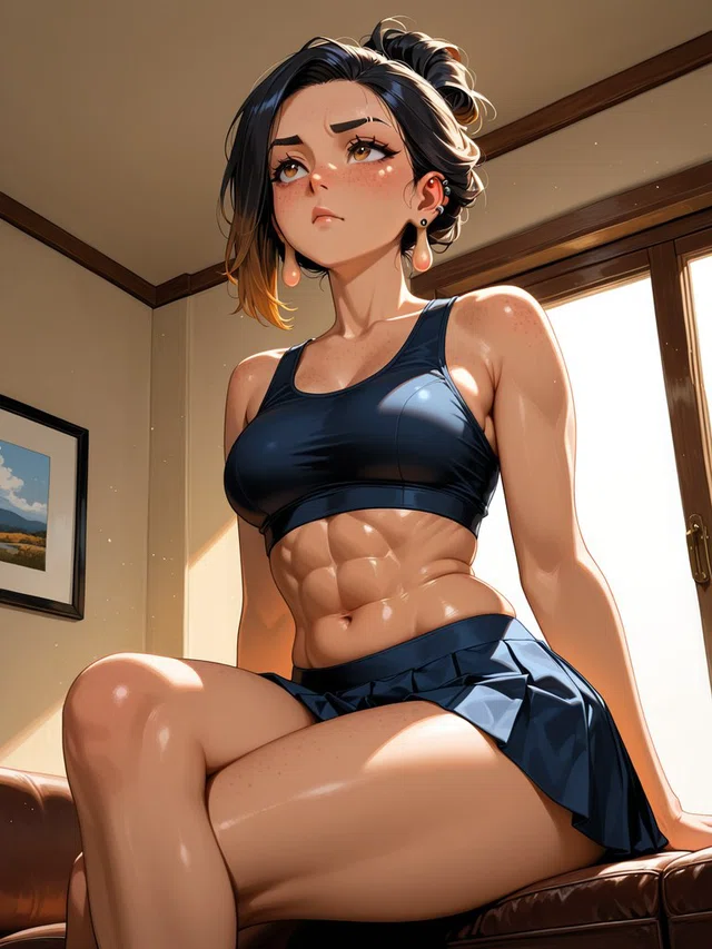 Anime-style figure with black hair in a bun, wearing a navy crop top and pleated skirt, seated beside a sunlit window.