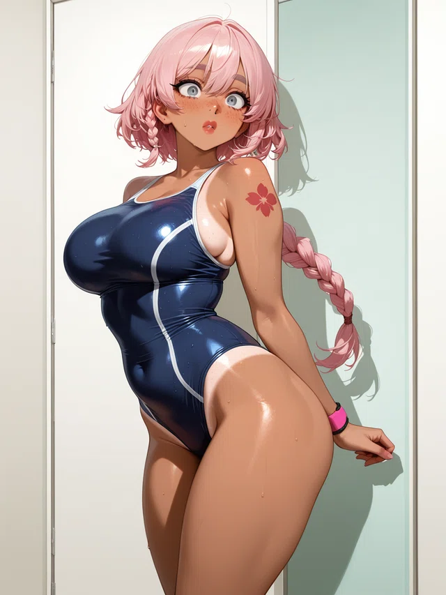 Pink-haired anime character in shiny blue swimsuit with flower tattoo, leaning against a wall.